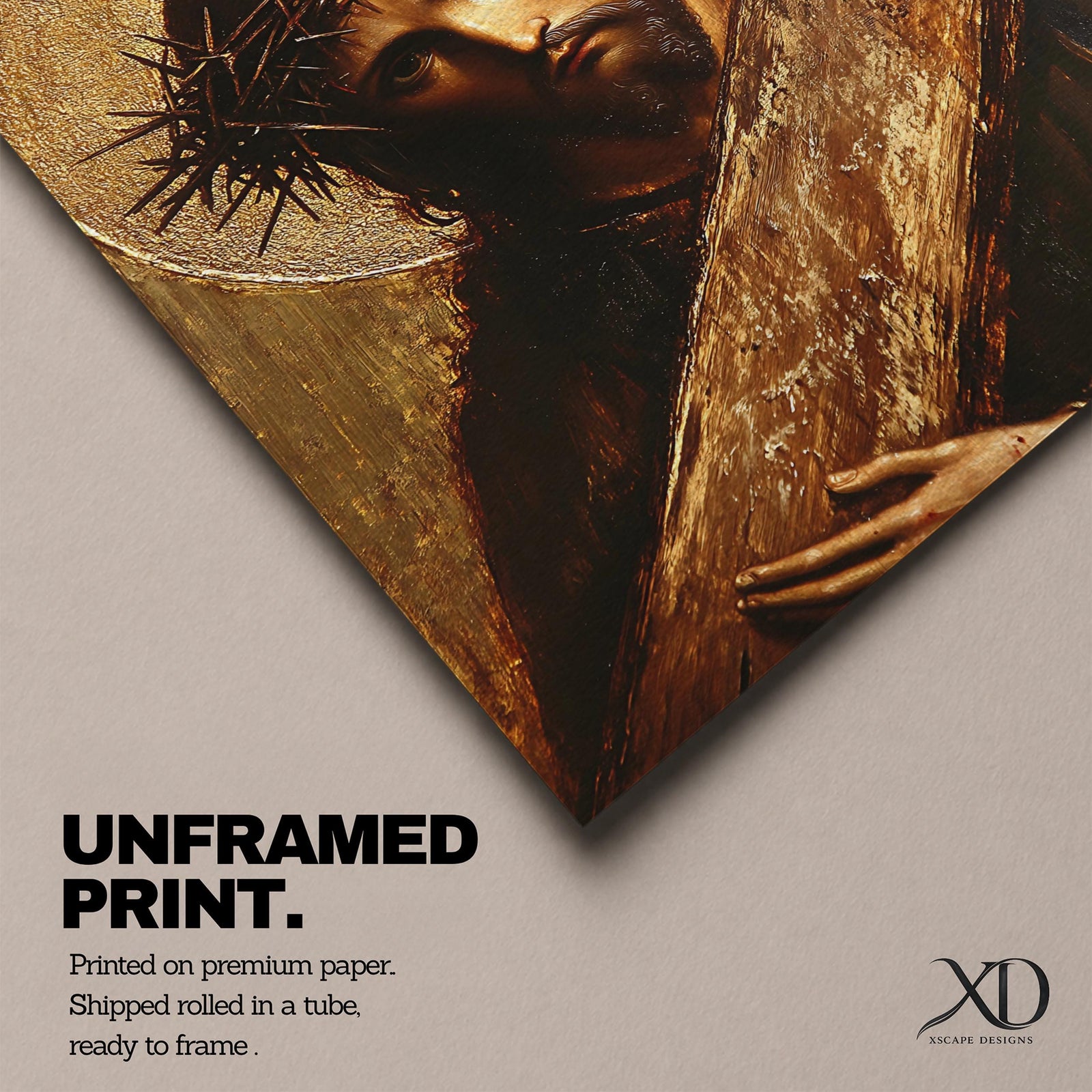 A vintage style framed canvas wall art depicting Jesus Christ wearing a crown of thorns carrying a wooden cross. The image shows detailed facial expression with a halo behind his head, rendered in a classic Christian icon style with textured brushwork and warm tones.