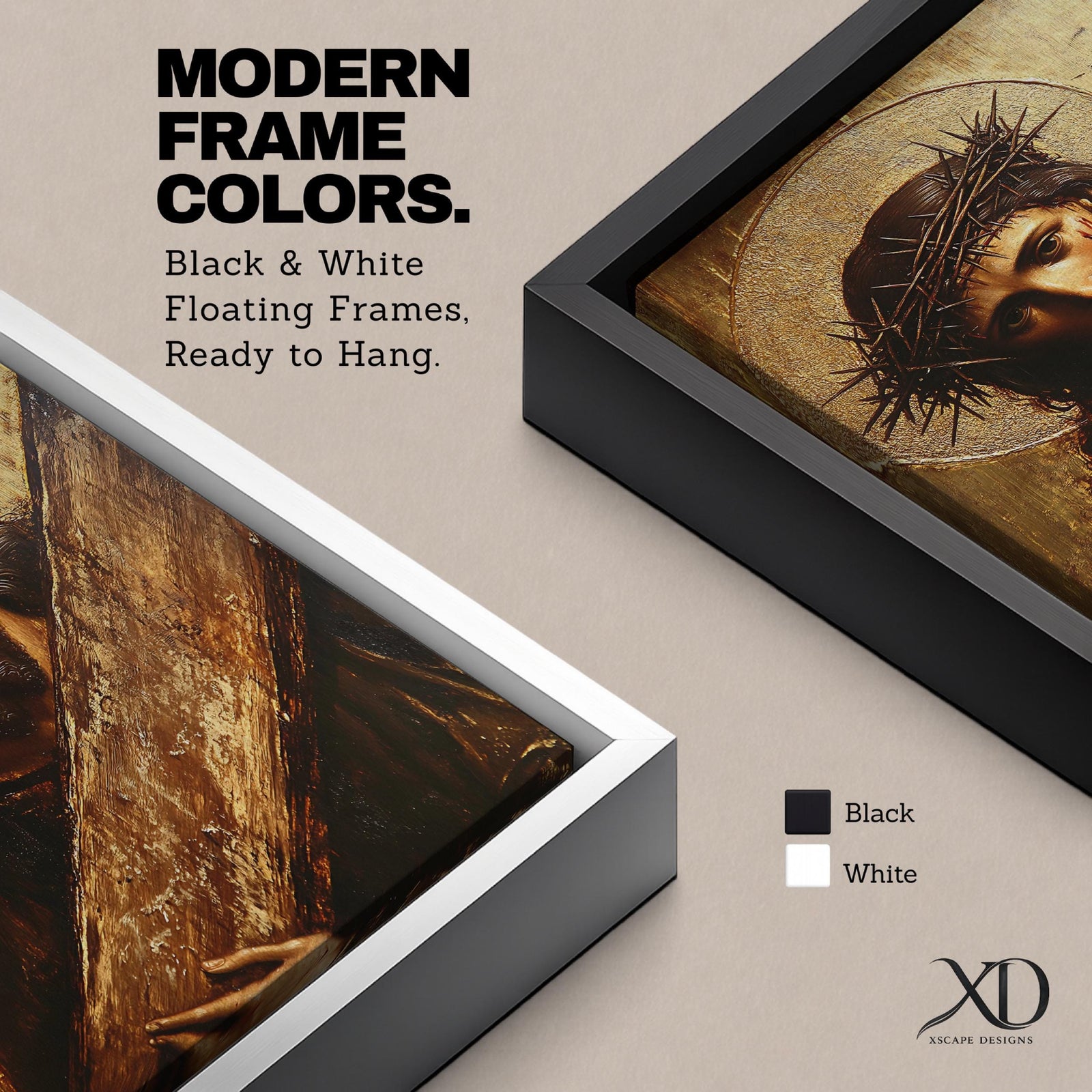 A vintage style framed canvas wall art depicting Jesus Christ wearing a crown of thorns carrying a wooden cross. The image shows detailed facial expression with a halo behind his head, rendered in a classic Christian icon style with textured brushwork and warm tones.