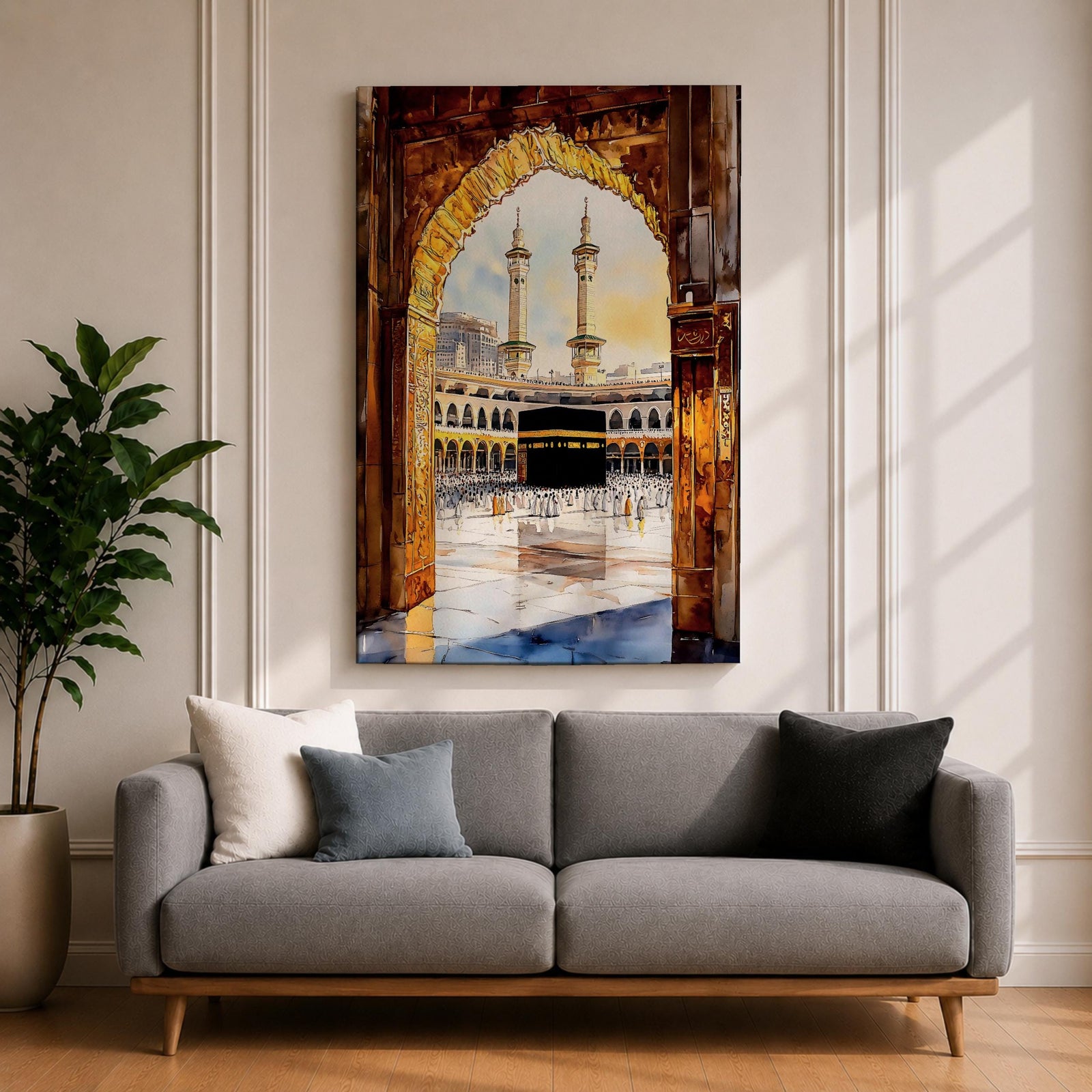 Watercolor-style painting of the Kaaba in Masjid al-Haram viewed through a golden mosque archway, with pilgrims gathered around the sacred black Kaaba in the courtyard of Mecca and two tall minarets rising above the holy mosque complex.