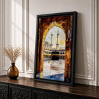 Watercolor-style painting of the Kaaba in Masjid al-Haram viewed through a golden mosque archway, with pilgrims gathered around the sacred black Kaaba in the courtyard of Mecca and two tall minarets rising above the holy mosque complex.