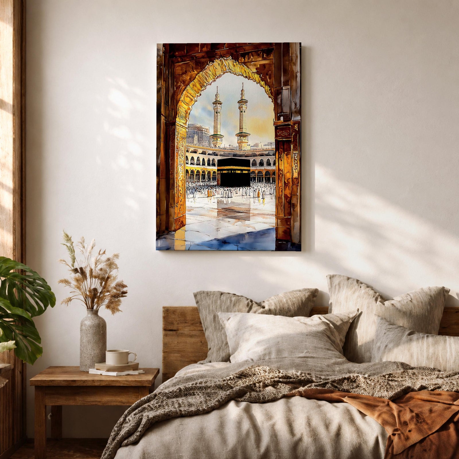 Watercolor-style painting of the Kaaba in Masjid al-Haram viewed through a golden mosque archway, with pilgrims gathered around the sacred black Kaaba in the courtyard of Mecca and two tall minarets rising above the holy mosque complex.