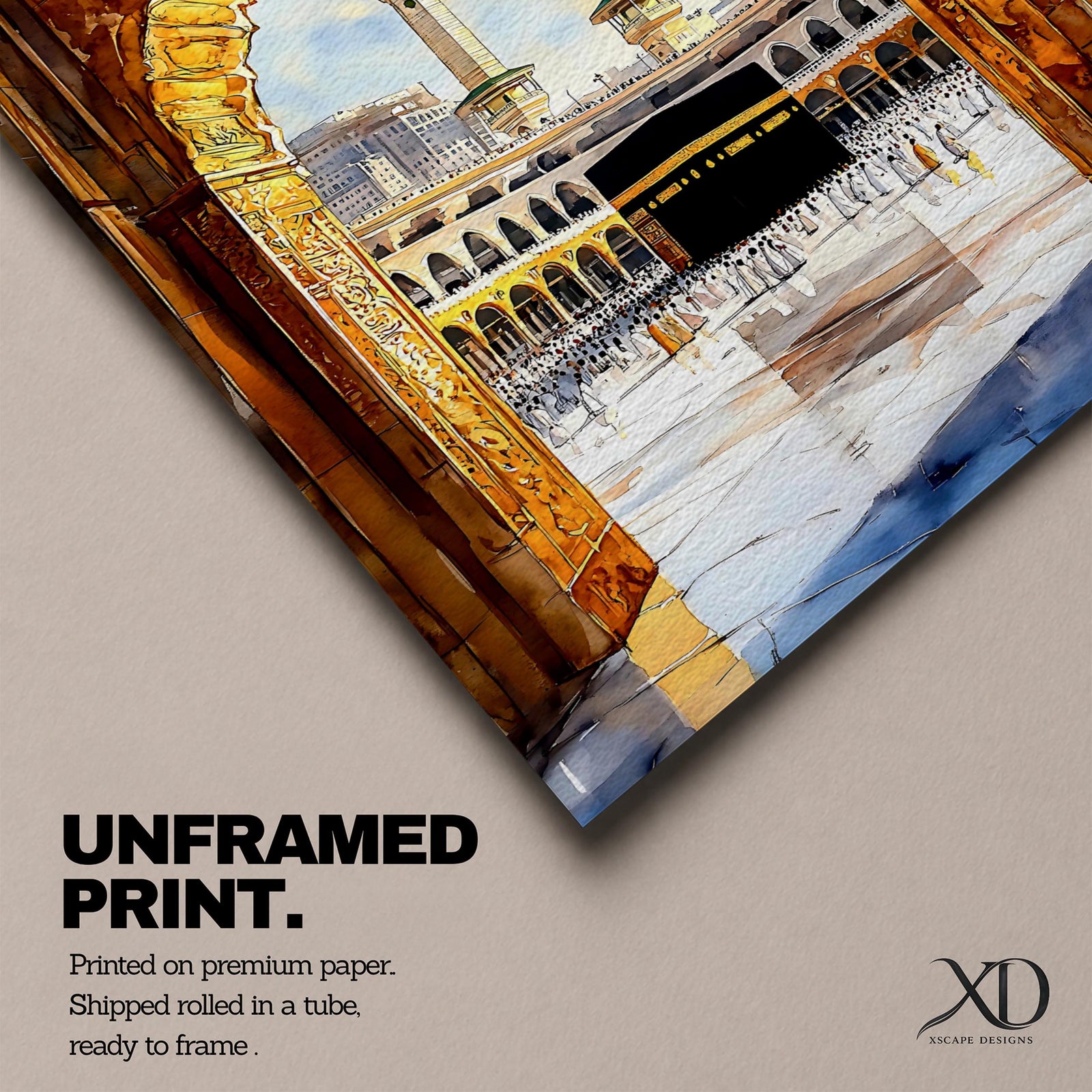 Watercolor-style painting of the Kaaba in Masjid al-Haram viewed through a golden mosque archway, with pilgrims gathered around the sacred black Kaaba in the courtyard of Mecca and two tall minarets rising above the holy mosque complex.