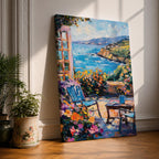 An impasto style painting depicting a Mediterranean patio scene with a blue chair, a small table holding a cup, vibrant flowers, and a view of the sea and distant hills under a partly cloudy sky, rendered with thick textured brushstrokes and vivid colors.