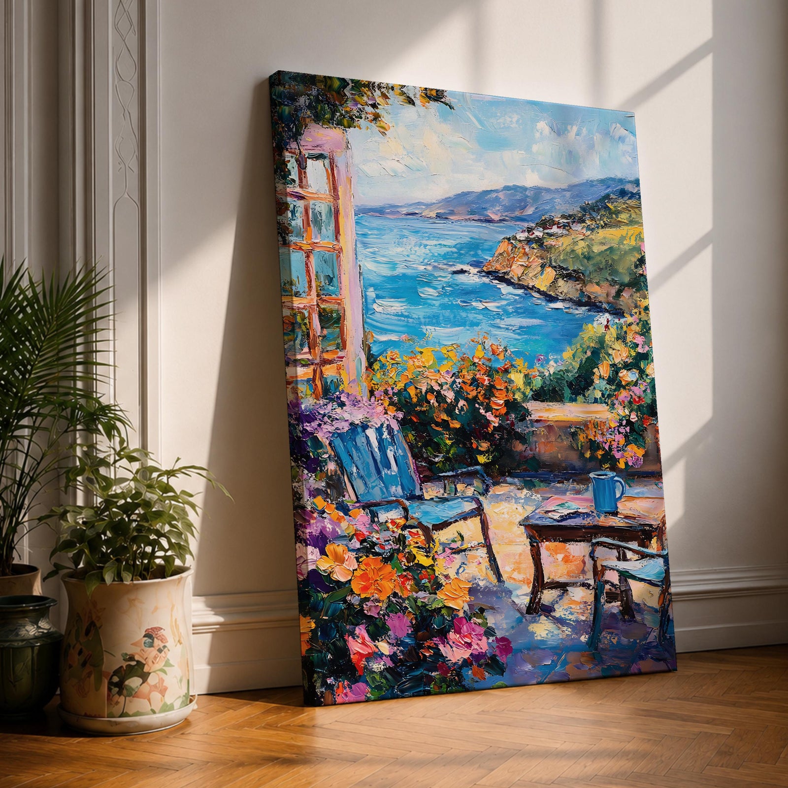 An impasto style painting depicting a Mediterranean patio scene with a blue chair, a small table holding a cup, vibrant flowers, and a view of the sea and distant hills under a partly cloudy sky, rendered with thick textured brushstrokes and vivid colors.