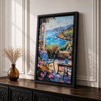 An impasto style painting depicting a Mediterranean patio scene with a blue chair, a small table holding a cup, vibrant flowers, and a view of the sea and distant hills under a partly cloudy sky, rendered with thick textured brushstrokes and vivid colors.