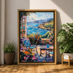 An impasto style painting depicting a Mediterranean patio scene with a blue chair, a small table holding a cup, vibrant flowers, and a view of the sea and distant hills under a partly cloudy sky, rendered with thick textured brushstrokes and vivid colors.