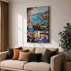 An impasto style painting depicting a Mediterranean patio scene with a blue chair, a small table holding a cup, vibrant flowers, and a view of the sea and distant hills under a partly cloudy sky, rendered with thick textured brushstrokes and vivid colors.