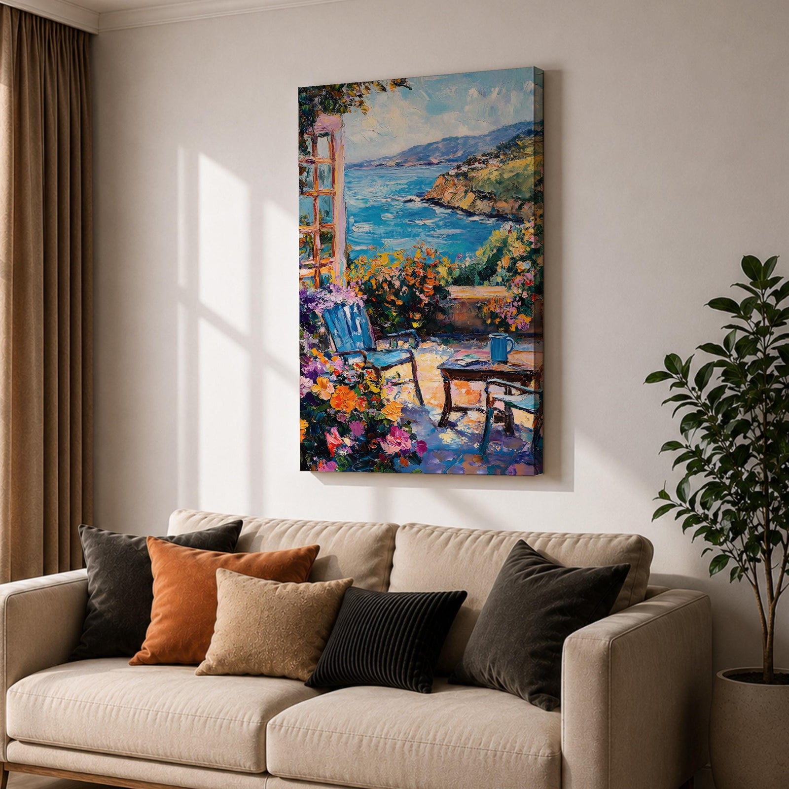 An impasto style painting depicting a Mediterranean patio scene with a blue chair, a small table holding a cup, vibrant flowers, and a view of the sea and distant hills under a partly cloudy sky, rendered with thick textured brushstrokes and vivid colors.