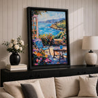 An impasto style painting depicting a Mediterranean patio scene with a blue chair, a small table holding a cup, vibrant flowers, and a view of the sea and distant hills under a partly cloudy sky, rendered with thick textured brushstrokes and vivid colors.