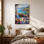 An impasto style painting depicting a Mediterranean patio scene with a blue chair, a small table holding a cup, vibrant flowers, and a view of the sea and distant hills under a partly cloudy sky, rendered with thick textured brushstrokes and vivid colors.