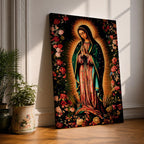 A detailed framed canvas print depicting Our Lady of Guadalupe, showing the Virgin of Guadalupe surrounded by a floral border with radiant light emanating behind her, rendered in a traditional Mexican religious art style with vivid colors and intricate floral patterns.