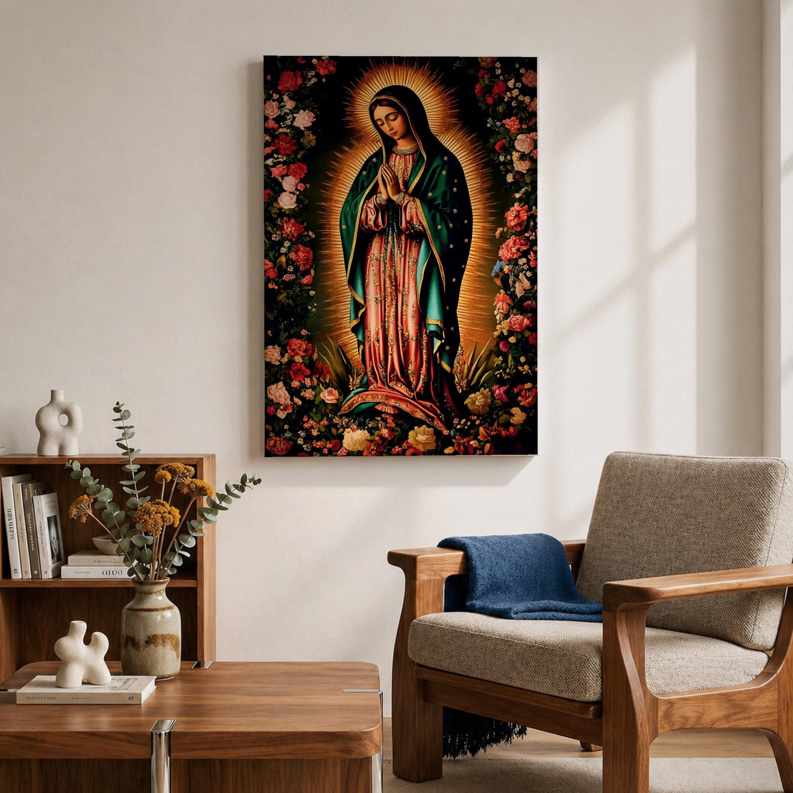 A detailed framed canvas print depicting Our Lady of Guadalupe, showing the Virgin of Guadalupe surrounded by a floral border with radiant light emanating behind her, rendered in a traditional Mexican religious art style with vivid colors and intricate floral patterns.