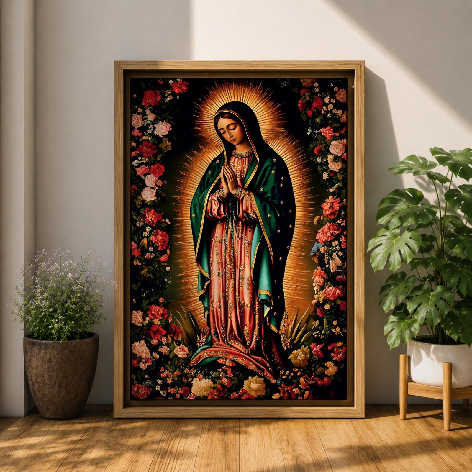 A detailed framed canvas print depicting Our Lady of Guadalupe, showing the Virgin of Guadalupe surrounded by a floral border with radiant light emanating behind her, rendered in a traditional Mexican religious art style with vivid colors and intricate floral patterns.