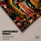 A detailed framed canvas print depicting Our Lady of Guadalupe, showing the Virgin of Guadalupe surrounded by a floral border with radiant light emanating behind her, rendered in a traditional Mexican religious art style with vivid colors and intricate floral patterns.