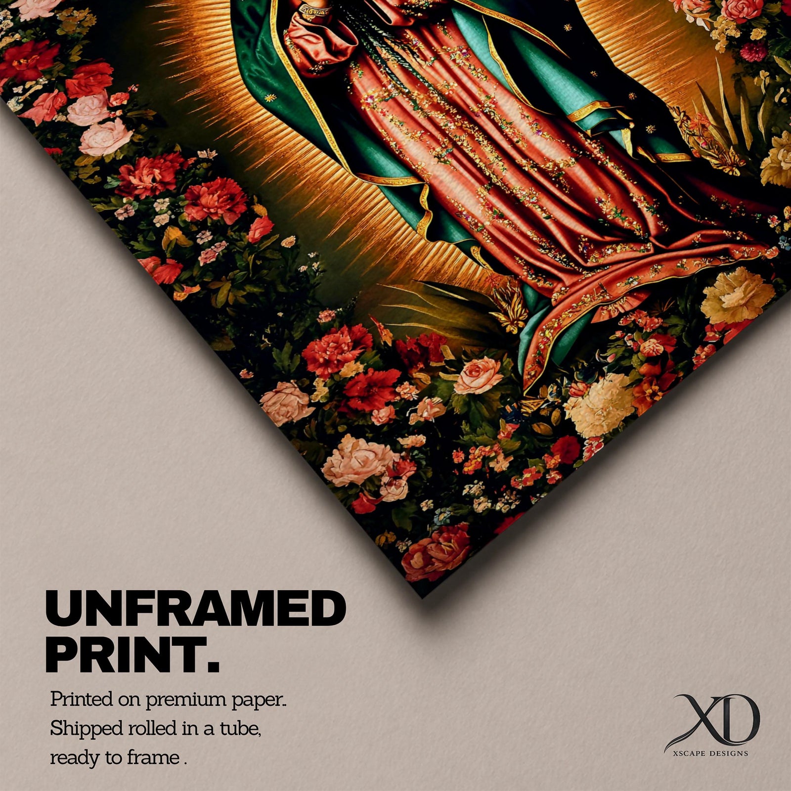 A detailed framed canvas print depicting Our Lady of Guadalupe, showing the Virgin of Guadalupe surrounded by a floral border with radiant light emanating behind her, rendered in a traditional Mexican religious art style with vivid colors and intricate floral patterns.