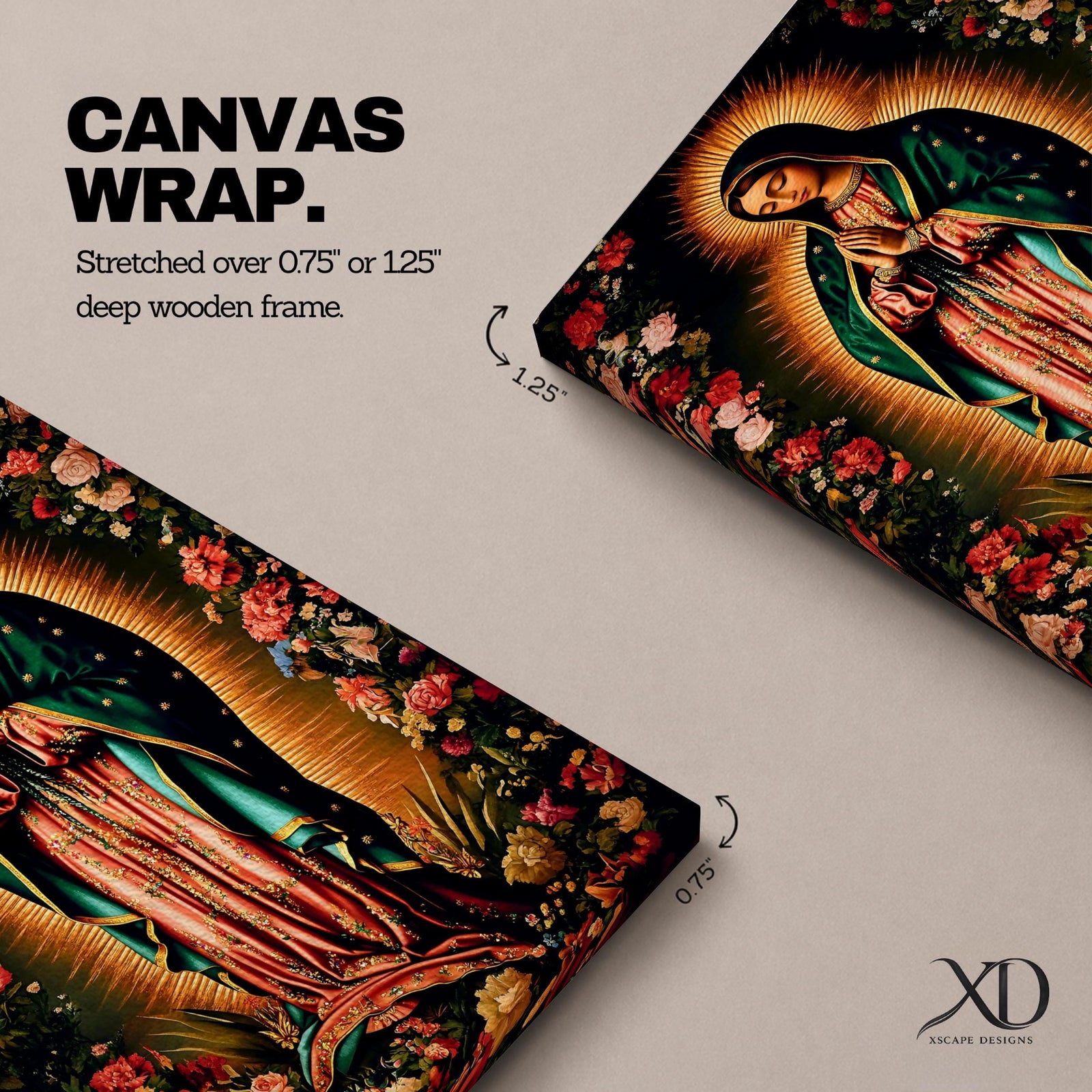 A detailed framed canvas print depicting Our Lady of Guadalupe, showing the Virgin of Guadalupe surrounded by a floral border with radiant light emanating behind her, rendered in a traditional Mexican religious art style with vivid colors and intricate floral patterns.