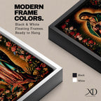 A detailed framed canvas print depicting Our Lady of Guadalupe, showing the Virgin of Guadalupe surrounded by a floral border with radiant light emanating behind her, rendered in a traditional Mexican religious art style with vivid colors and intricate floral patterns.