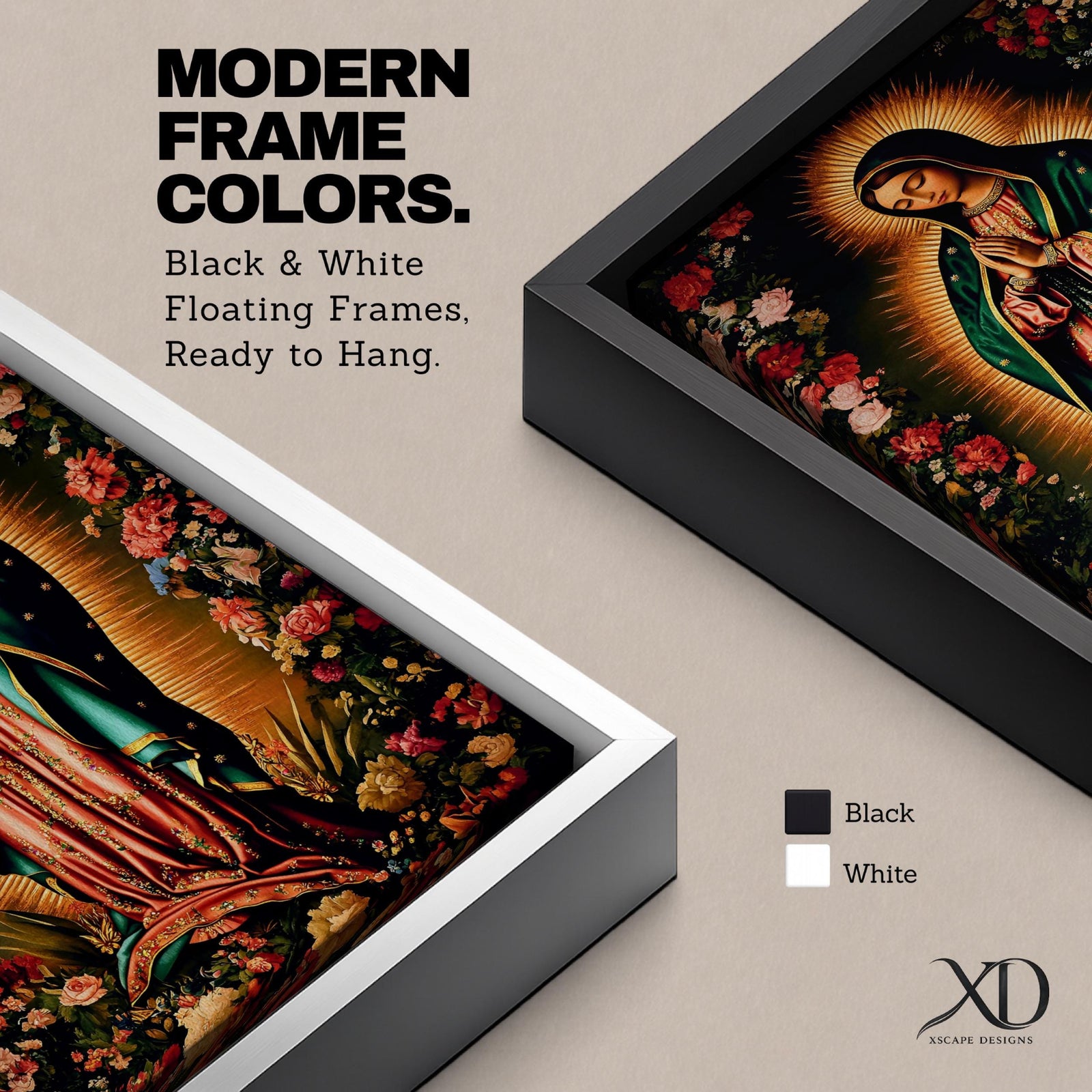 A detailed framed canvas print depicting Our Lady of Guadalupe, showing the Virgin of Guadalupe surrounded by a floral border with radiant light emanating behind her, rendered in a traditional Mexican religious art style with vivid colors and intricate floral patterns.