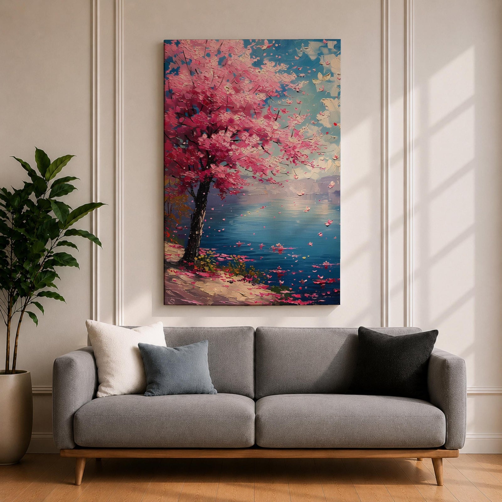 This impasto style painting depicts a cherry blossom tree with vibrant pink flowers beside a calm blue lake under a bright sky. The textured brushstrokes create a vivid floral landscape scene emphasizing the Japanese sakura tree in a natural setting.