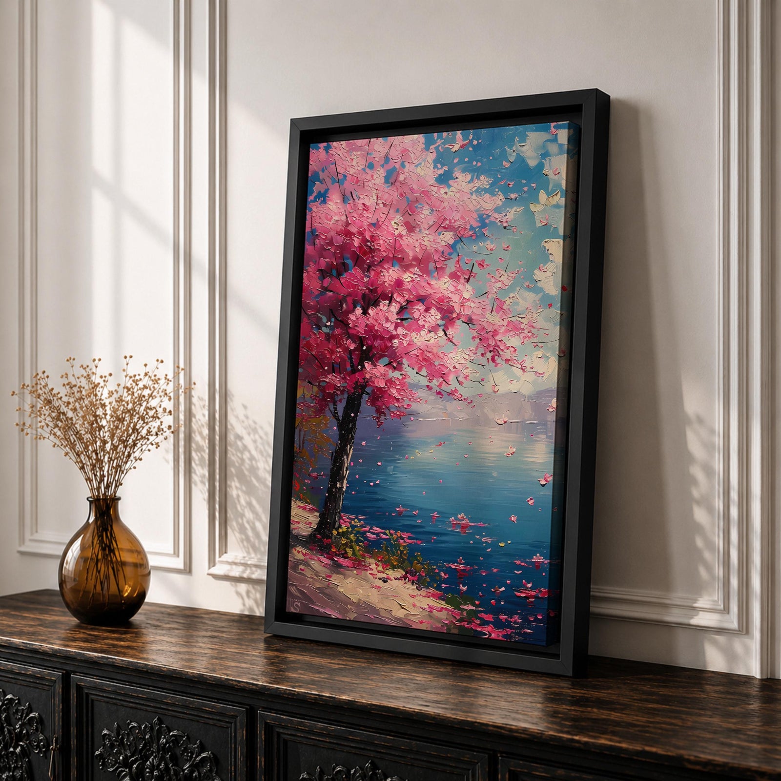 This impasto style painting depicts a cherry blossom tree with vibrant pink flowers beside a calm blue lake under a bright sky. The textured brushstrokes create a vivid floral landscape scene emphasizing the Japanese sakura tree in a natural setting.