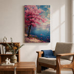 This impasto style painting depicts a cherry blossom tree with vibrant pink flowers beside a calm blue lake under a bright sky. The textured brushstrokes create a vivid floral landscape scene emphasizing the Japanese sakura tree in a natural setting.