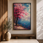 This impasto style painting depicts a cherry blossom tree with vibrant pink flowers beside a calm blue lake under a bright sky. The textured brushstrokes create a vivid floral landscape scene emphasizing the Japanese sakura tree in a natural setting.