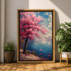 This impasto style painting depicts a cherry blossom tree with vibrant pink flowers beside a calm blue lake under a bright sky. The textured brushstrokes create a vivid floral landscape scene emphasizing the Japanese sakura tree in a natural setting.