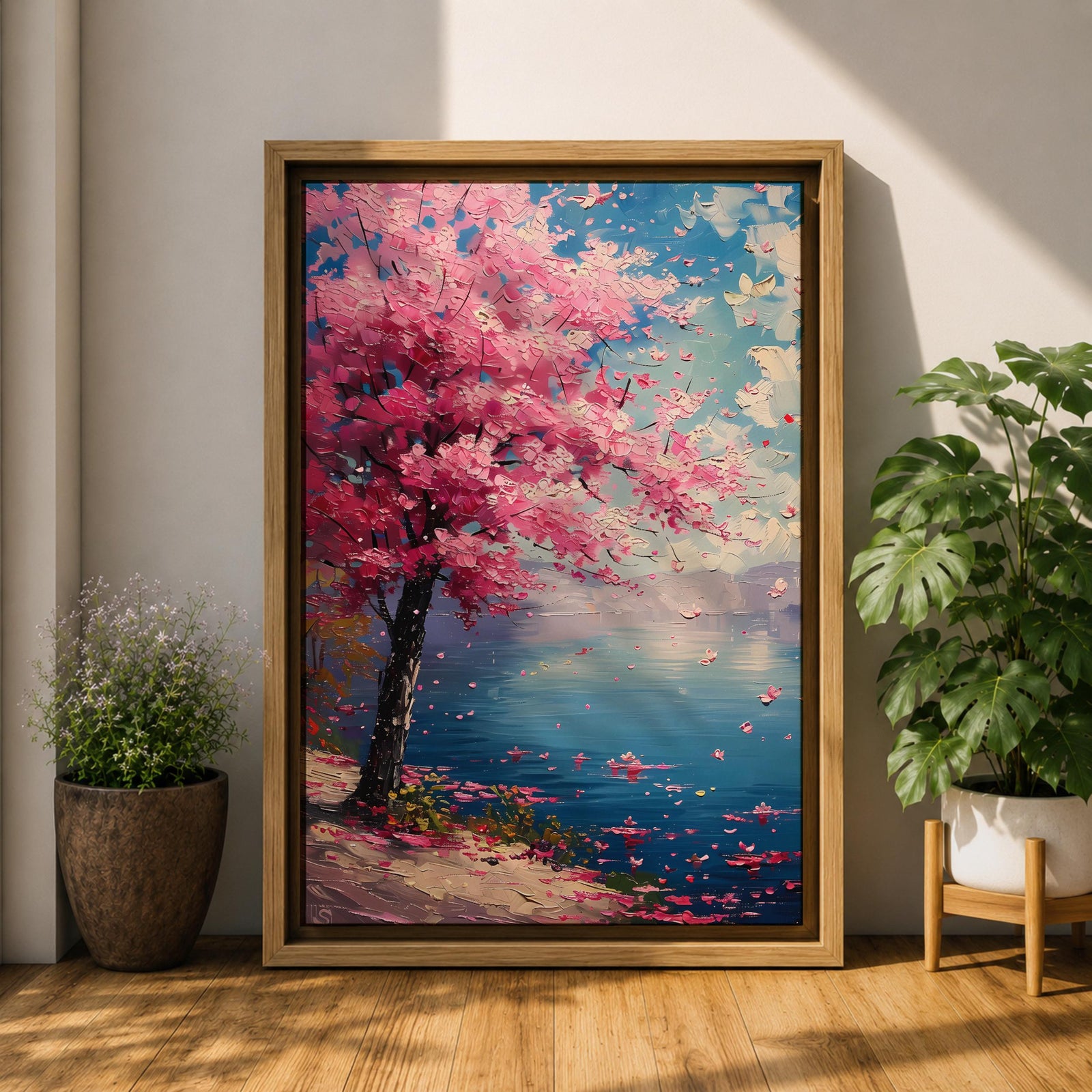 This impasto style painting depicts a cherry blossom tree with vibrant pink flowers beside a calm blue lake under a bright sky. The textured brushstrokes create a vivid floral landscape scene emphasizing the Japanese sakura tree in a natural setting.
