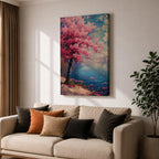 This impasto style painting depicts a cherry blossom tree with vibrant pink flowers beside a calm blue lake under a bright sky. The textured brushstrokes create a vivid floral landscape scene emphasizing the Japanese sakura tree in a natural setting.