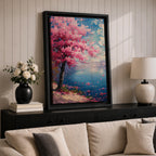 This impasto style painting depicts a cherry blossom tree with vibrant pink flowers beside a calm blue lake under a bright sky. The textured brushstrokes create a vivid floral landscape scene emphasizing the Japanese sakura tree in a natural setting.