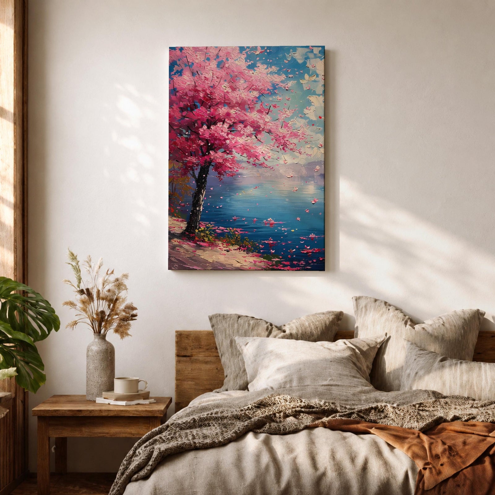 This impasto style painting depicts a cherry blossom tree with vibrant pink flowers beside a calm blue lake under a bright sky. The textured brushstrokes create a vivid floral landscape scene emphasizing the Japanese sakura tree in a natural setting.