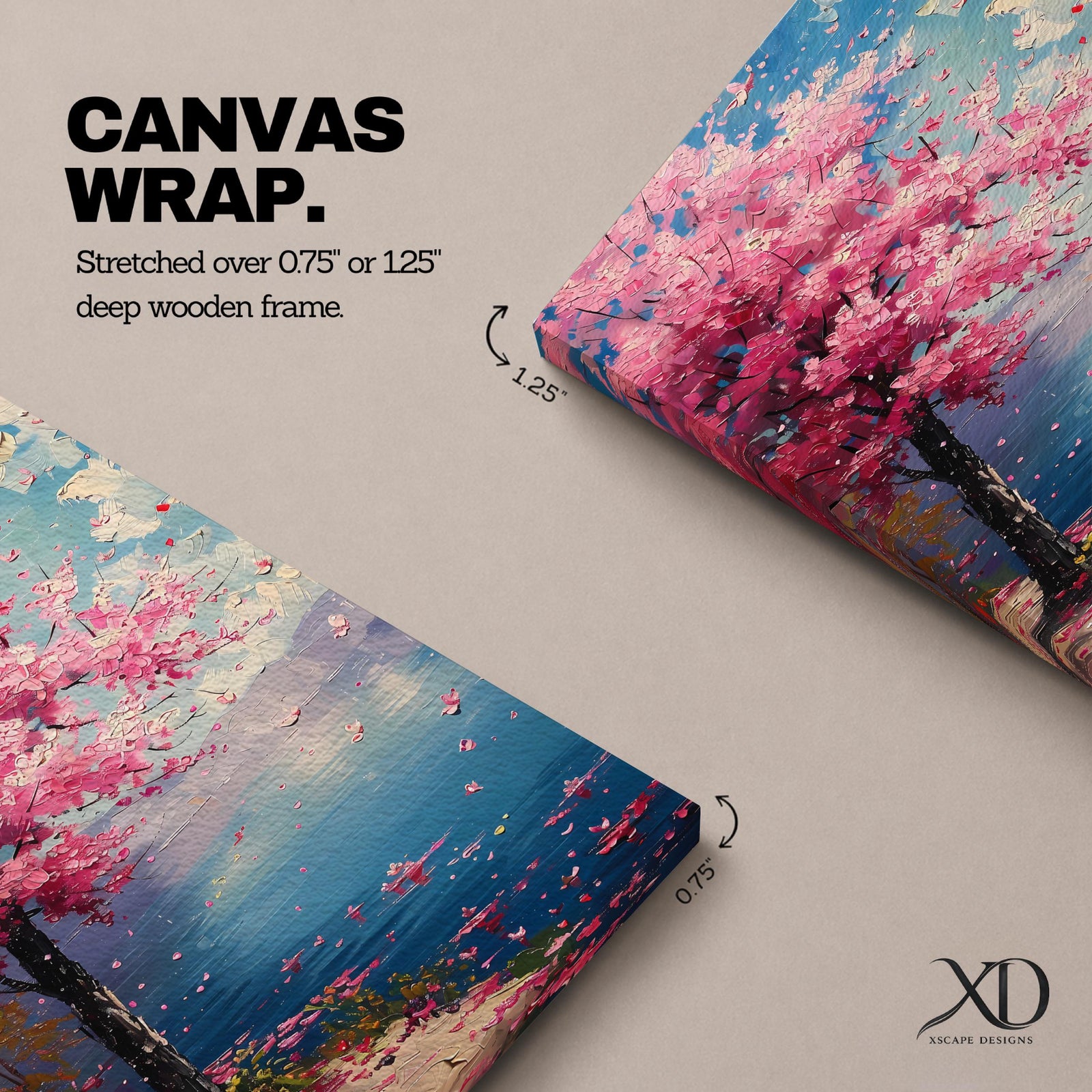 This impasto style painting depicts a cherry blossom tree with vibrant pink flowers beside a calm blue lake under a bright sky. The textured brushstrokes create a vivid floral landscape scene emphasizing the Japanese sakura tree in a natural setting.