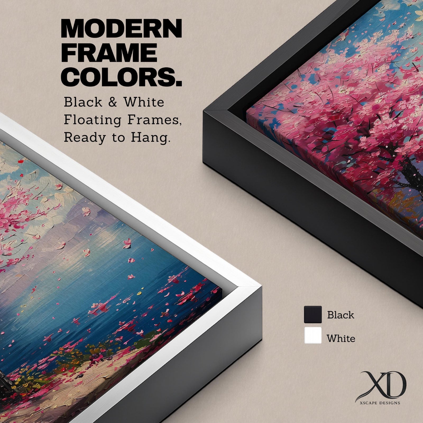 This impasto style painting depicts a cherry blossom tree with vibrant pink flowers beside a calm blue lake under a bright sky. The textured brushstrokes create a vivid floral landscape scene emphasizing the Japanese sakura tree in a natural setting.