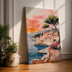 An impasto style painting depicting a Mediterranean village perched on rocky cliffs by the sea. The textured brushstrokes illustrate terracotta-roofed houses, a tall tree, and small boats floating on blue waters under a warm sunset sky, capturing a vibrant coastal landscape scene.