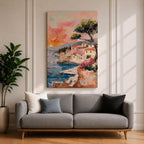 An impasto style painting depicting a Mediterranean village perched on rocky cliffs by the sea. The textured brushstrokes illustrate terracotta-roofed houses, a tall tree, and small boats floating on blue waters under a warm sunset sky, capturing a vibrant coastal landscape scene.