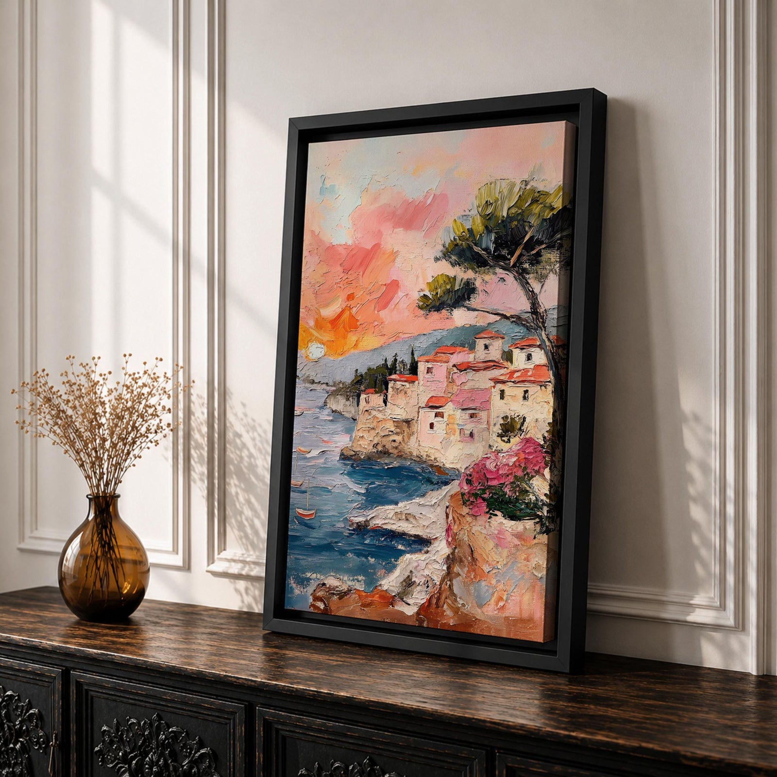 An impasto style painting depicting a Mediterranean village perched on rocky cliffs by the sea. The textured brushstrokes illustrate terracotta-roofed houses, a tall tree, and small boats floating on blue waters under a warm sunset sky, capturing a vibrant coastal landscape scene.