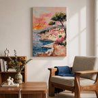 An impasto style painting depicting a Mediterranean village perched on rocky cliffs by the sea. The textured brushstrokes illustrate terracotta-roofed houses, a tall tree, and small boats floating on blue waters under a warm sunset sky, capturing a vibrant coastal landscape scene.