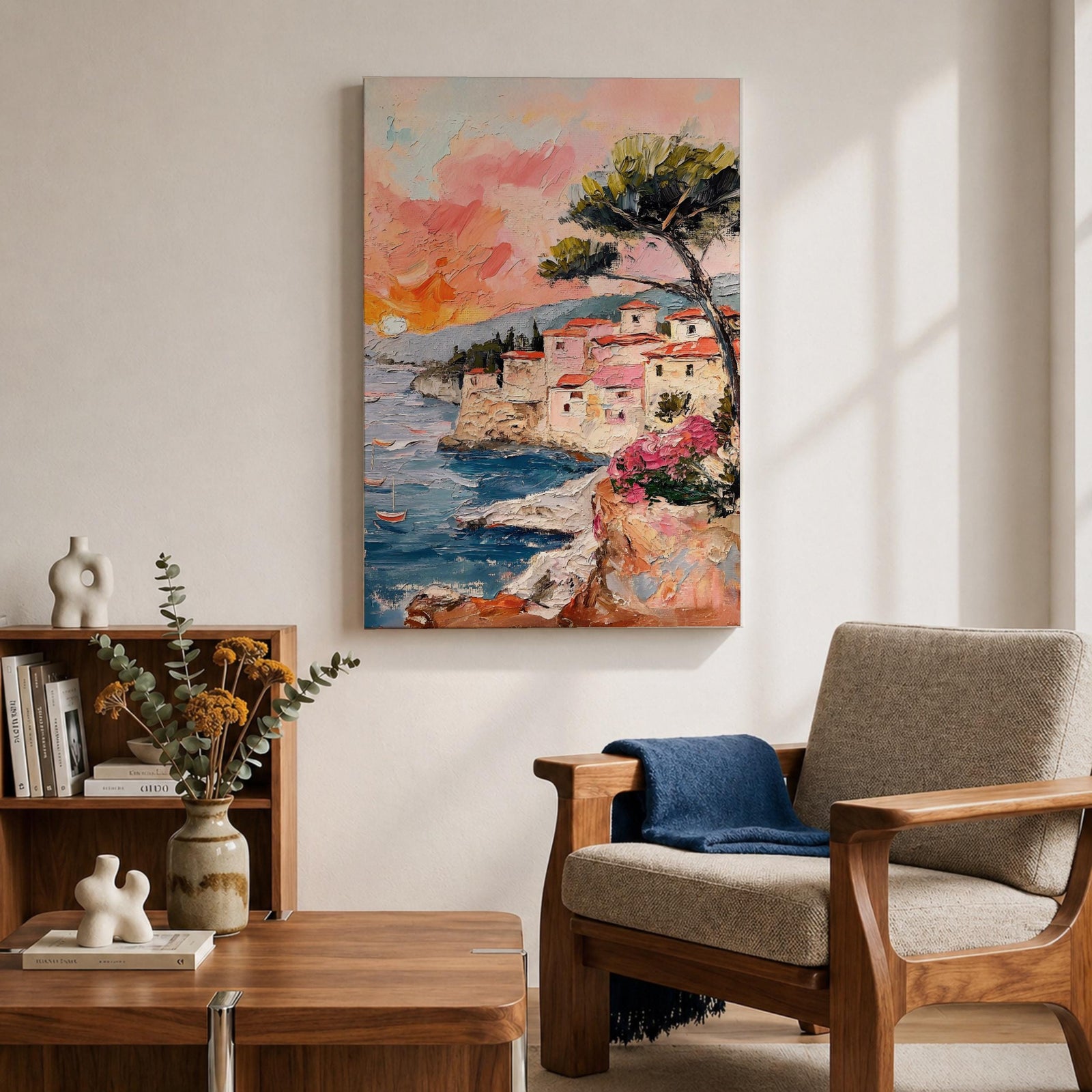 An impasto style painting depicting a Mediterranean village perched on rocky cliffs by the sea. The textured brushstrokes illustrate terracotta-roofed houses, a tall tree, and small boats floating on blue waters under a warm sunset sky, capturing a vibrant coastal landscape scene.