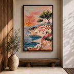 An impasto style painting depicting a Mediterranean village perched on rocky cliffs by the sea. The textured brushstrokes illustrate terracotta-roofed houses, a tall tree, and small boats floating on blue waters under a warm sunset sky, capturing a vibrant coastal landscape scene.