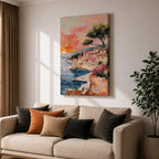 An impasto style painting depicting a Mediterranean village perched on rocky cliffs by the sea. The textured brushstrokes illustrate terracotta-roofed houses, a tall tree, and small boats floating on blue waters under a warm sunset sky, capturing a vibrant coastal landscape scene.
