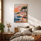 An impasto style painting depicting a Mediterranean village perched on rocky cliffs by the sea. The textured brushstrokes illustrate terracotta-roofed houses, a tall tree, and small boats floating on blue waters under a warm sunset sky, capturing a vibrant coastal landscape scene.