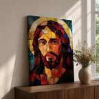 A stained glass mosaic portrait of Jesus Christ featuring vibrant glass fragments in warm tones with a halo behind his head. The artwork uses geometric shapes and rich colors typical of stained glass style, capturing a solemn and iconic religious figure in a mosaic-like composition.