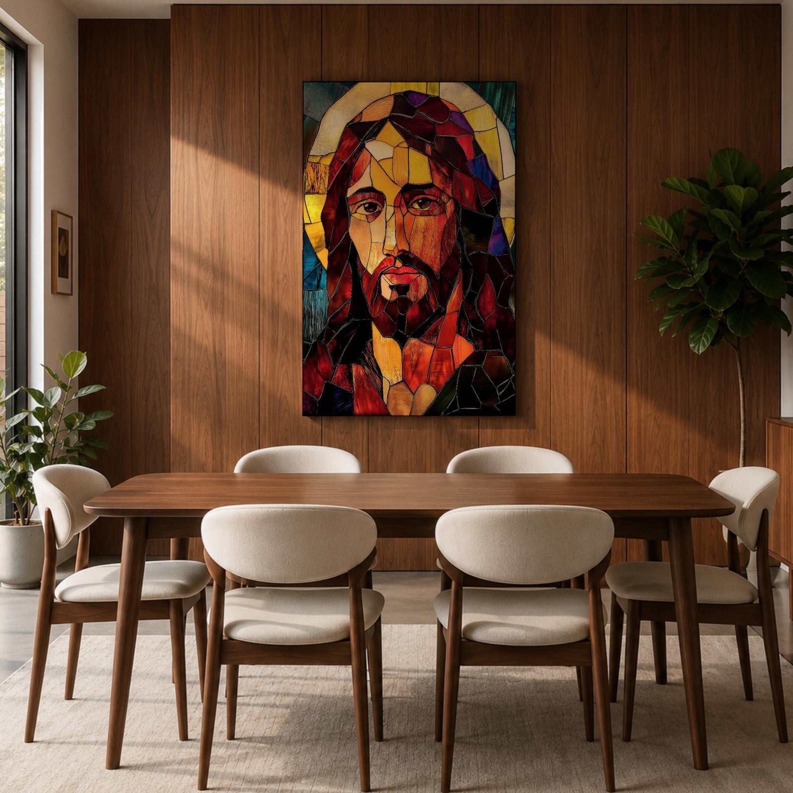 A stained glass mosaic portrait of Jesus Christ featuring vibrant glass fragments in warm tones with a halo behind his head. The artwork uses geometric shapes and rich colors typical of stained glass style, capturing a solemn and iconic religious figure in a mosaic-like composition.