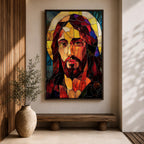 A stained glass mosaic portrait of Jesus Christ featuring vibrant glass fragments in warm tones with a halo behind his head. The artwork uses geometric shapes and rich colors typical of stained glass style, capturing a solemn and iconic religious figure in a mosaic-like composition.