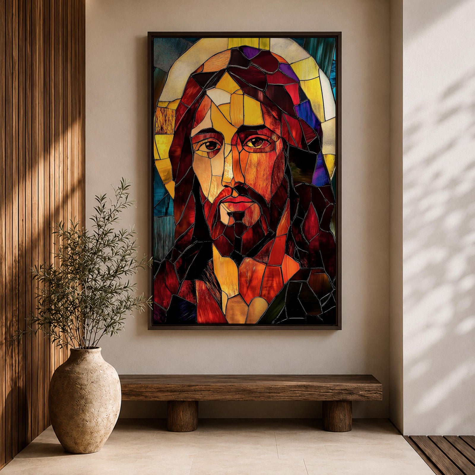 A stained glass mosaic portrait of Jesus Christ featuring vibrant glass fragments in warm tones with a halo behind his head. The artwork uses geometric shapes and rich colors typical of stained glass style, capturing a solemn and iconic religious figure in a mosaic-like composition.