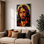 A stained glass mosaic portrait of Jesus Christ featuring vibrant glass fragments in warm tones with a halo behind his head. The artwork uses geometric shapes and rich colors typical of stained glass style, capturing a solemn and iconic religious figure in a mosaic-like composition.