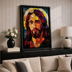 A stained glass mosaic portrait of Jesus Christ featuring vibrant glass fragments in warm tones with a halo behind his head. The artwork uses geometric shapes and rich colors typical of stained glass style, capturing a solemn and iconic religious figure in a mosaic-like composition.