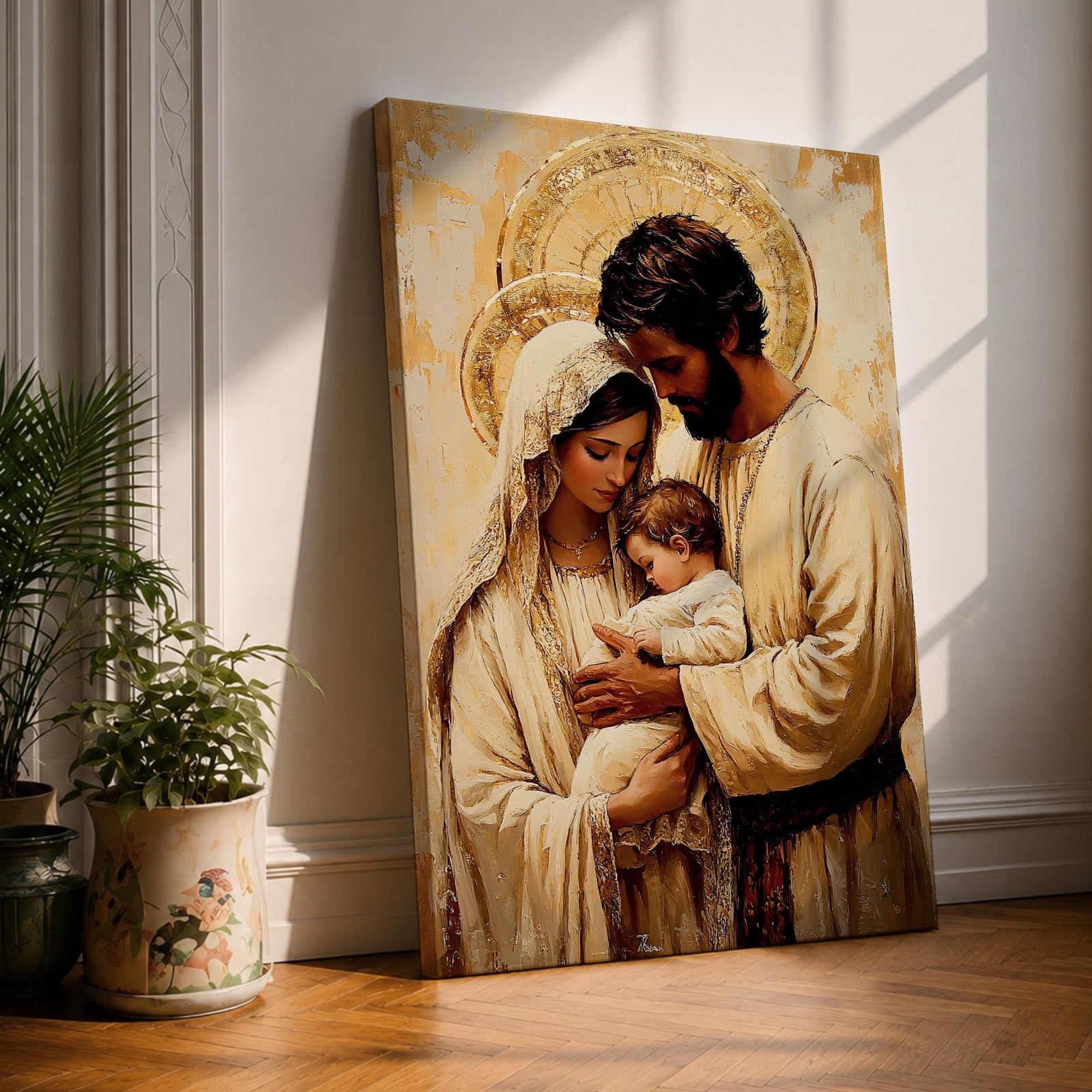Painting of the Holy Family showing Mary, Joseph, and the infant Jesus gathered closely together with soft halos behind their heads, rendered in a warm Renaissance inspired style with earthy tones, gentle lighting, flowing garments, and tender expressions as the parents cradle the child in a calm devotional composition emphasizing intimacy, faith, and familial connection.