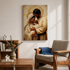 Painting of the Holy Family showing Mary, Joseph, and the infant Jesus gathered closely together with soft halos behind their heads, rendered in a warm Renaissance inspired style with earthy tones, gentle lighting, flowing garments, and tender expressions as the parents cradle the child in a calm devotional composition emphasizing intimacy, faith, and familial connection.