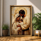 Painting of the Holy Family showing Mary, Joseph, and the infant Jesus gathered closely together with soft halos behind their heads, rendered in a warm Renaissance inspired style with earthy tones, gentle lighting, flowing garments, and tender expressions as the parents cradle the child in a calm devotional composition emphasizing intimacy, faith, and familial connection.